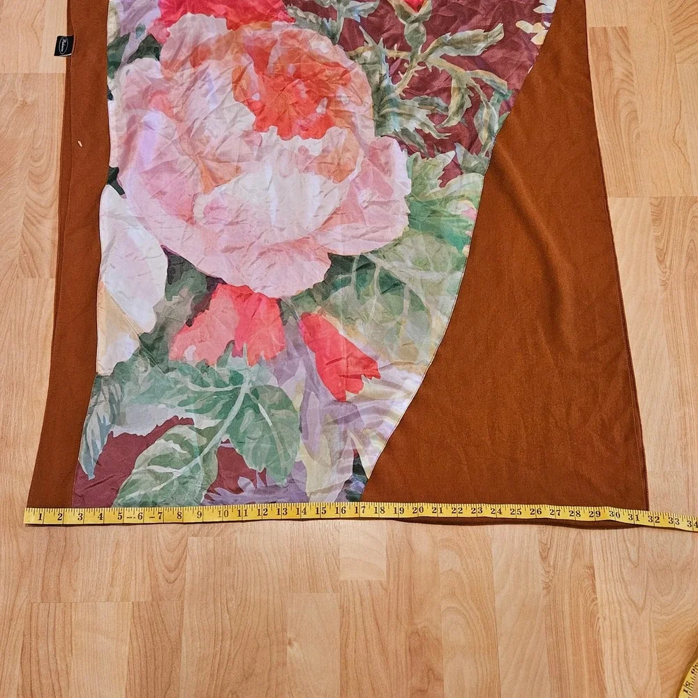 Pashmina Floral Silk Panel Shawl Wrap Womens OS Brown Fringe Made in Italy